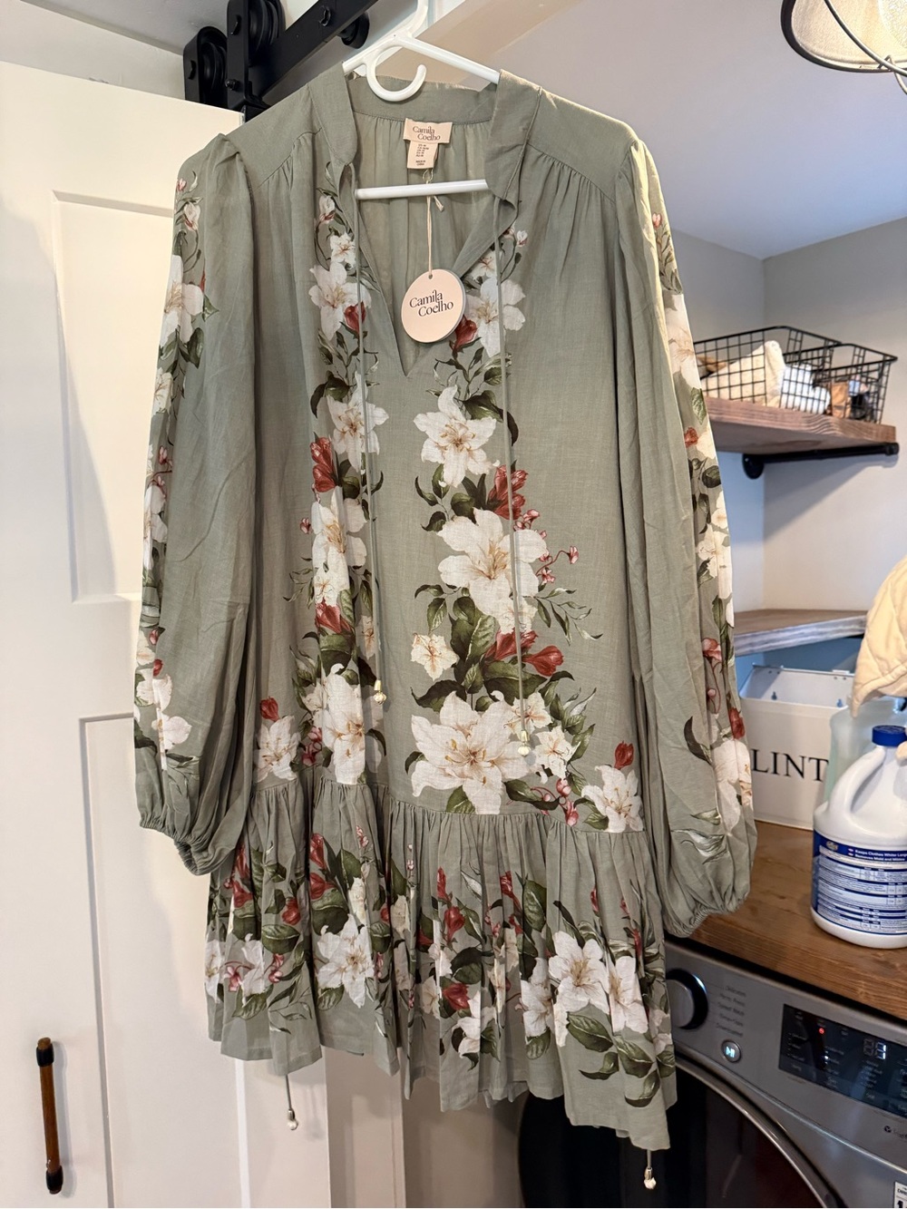 Camila Coelho Olive Green Floral Long Sleeve Peasant Dress